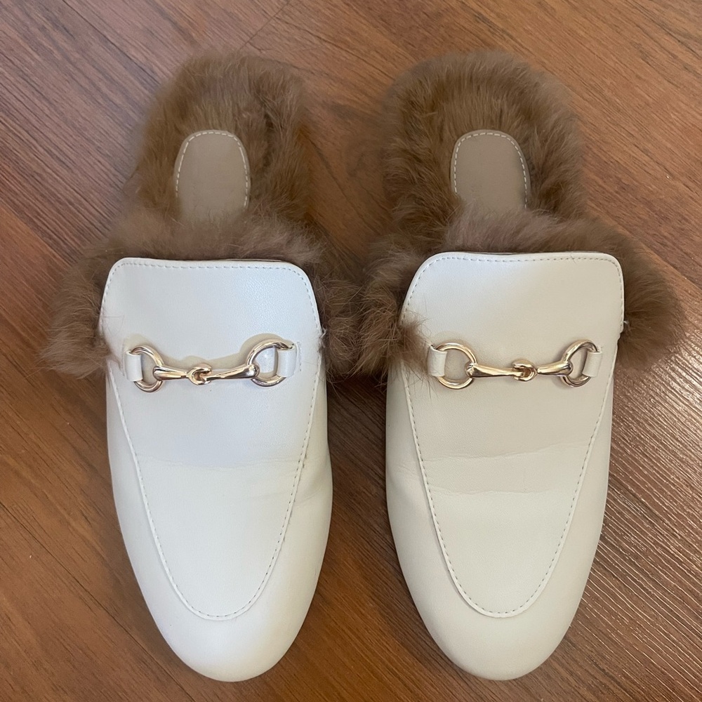 UNISEX Princetown Cream Mules REAL FUR